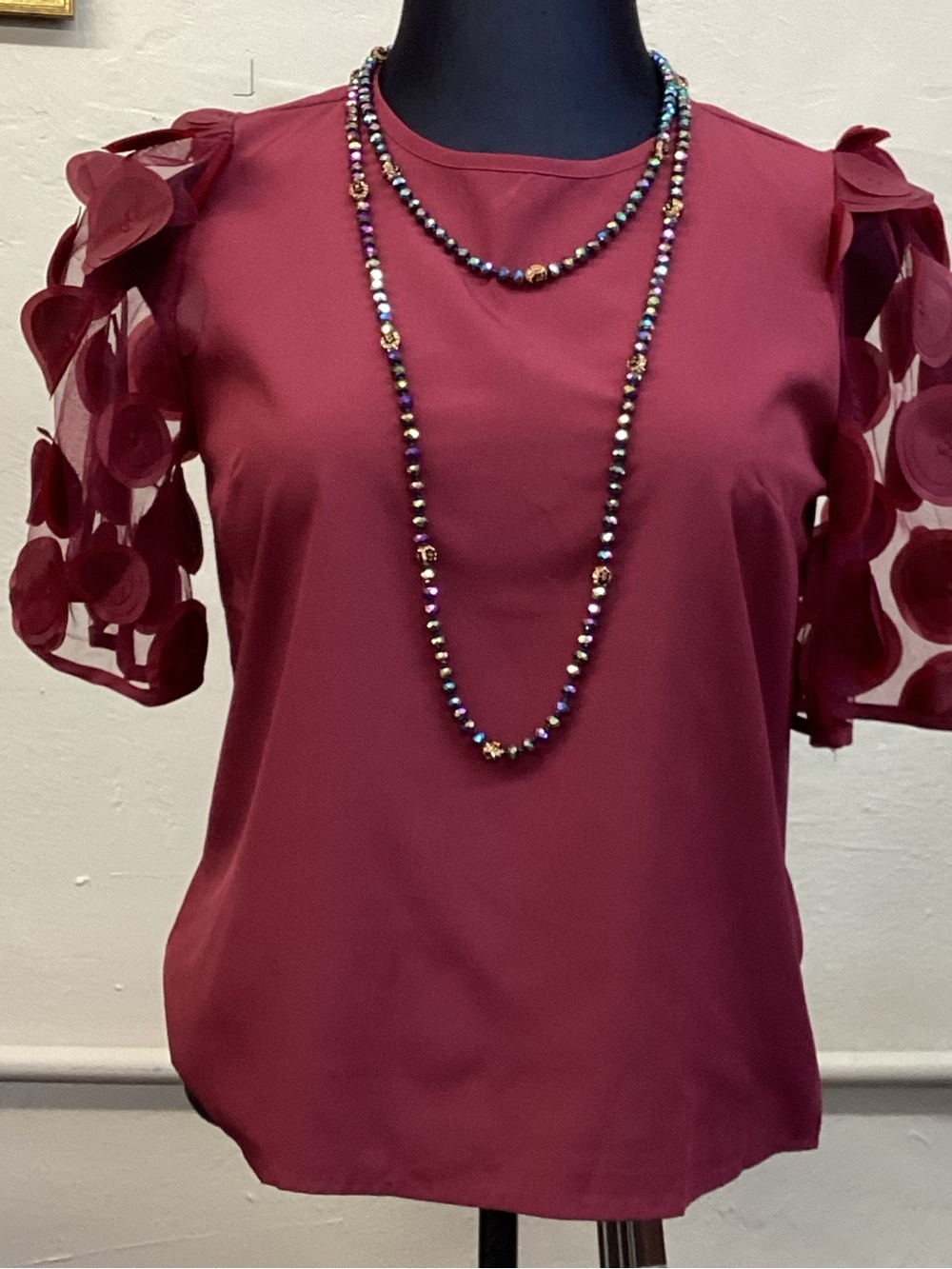 SHEIN Burgundy Short Sleeve Ruffle Dot-Sleeve Blouse